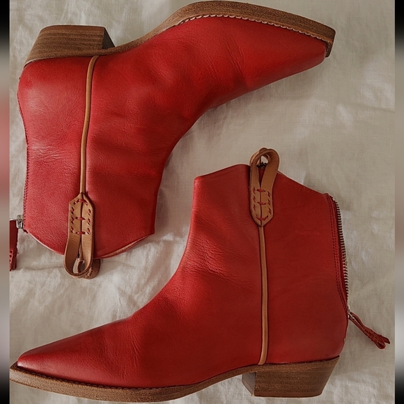Free People Red Leather Ankle Boho Western Boots - Picture 4 of 12